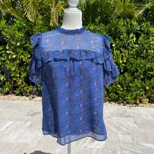 LOFT Womens Blue Ruffle Top Floral Blouse, size Medium